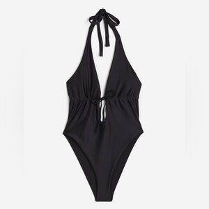 ❤️ H&M High Leg Halter Backless Ruched One Piece Swimsuit - Black, Size M